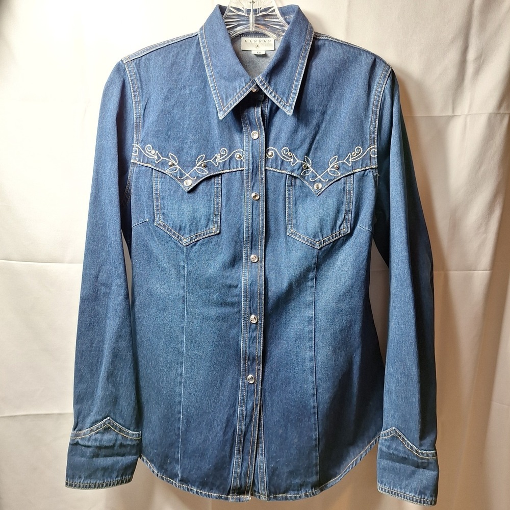Vtg LAWMAN WESTERN Embroidered Rhinestone Button Denim Top Sz S Cowgirl Festival - Picture 2 of 10
